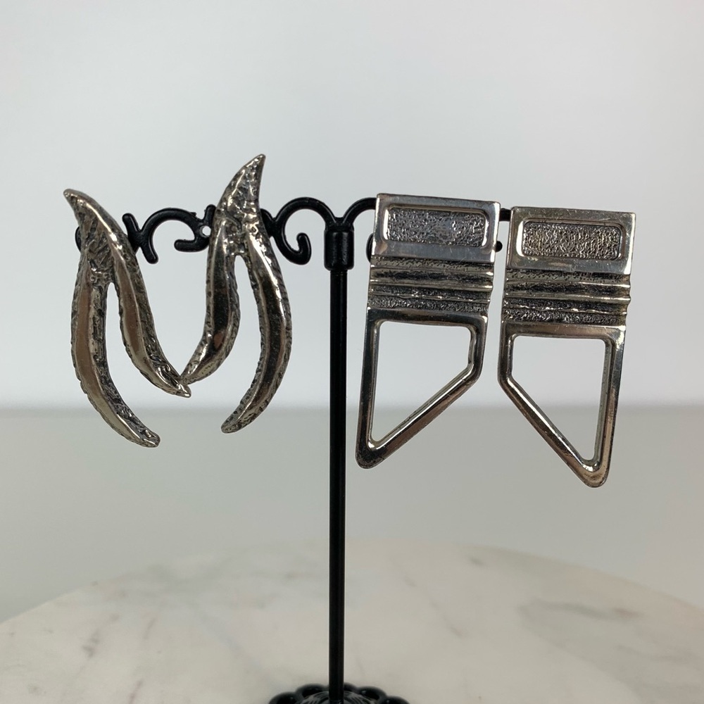 Set Of 2 Jean Claude Darveau Earrings Pair Brutalist Silver Toned Vtg Geometric